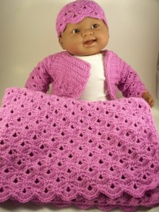Lavender Violet Crochet Layette Set Baby Sweater Hat Blanket