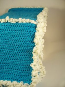 Turquoise Crochet Baby Blanket with Cream Ruffle Trim
